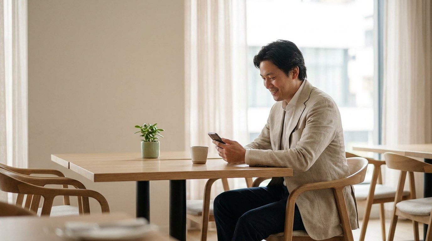 A relaxed customer checking their phone at a restaurant table