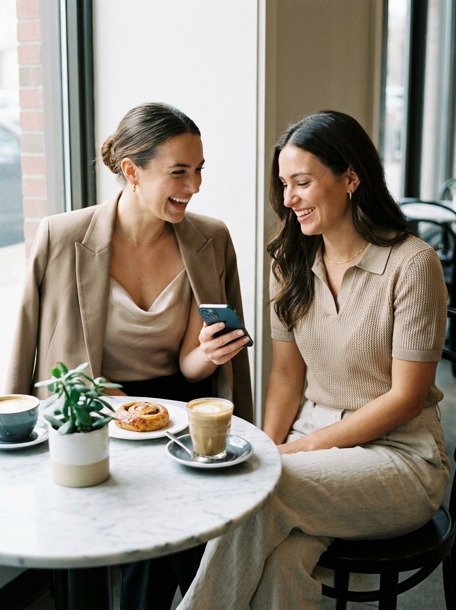 Two friends looking at a phone together at a cafe