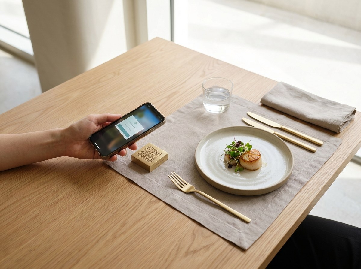 A phone scanning a QR code on a restaurant table