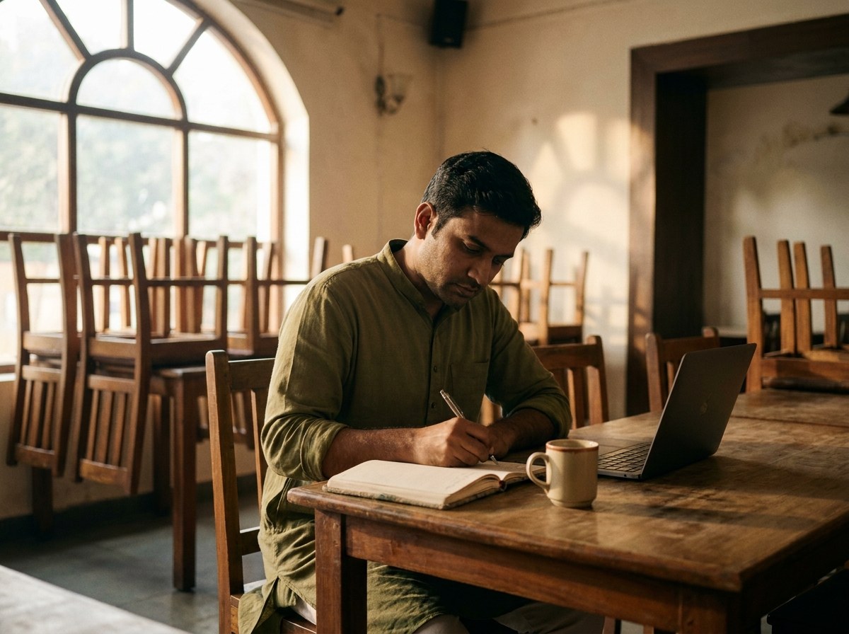 A founder writing notes in a notebook