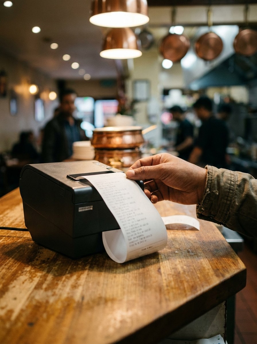 A hand reaching for a receipt printer