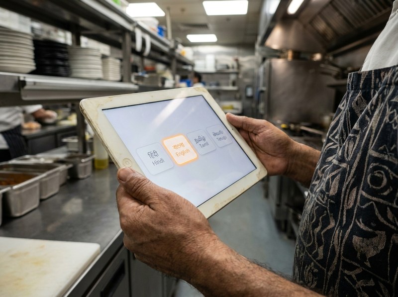A chef using a tablet to manage the restaurant's menu