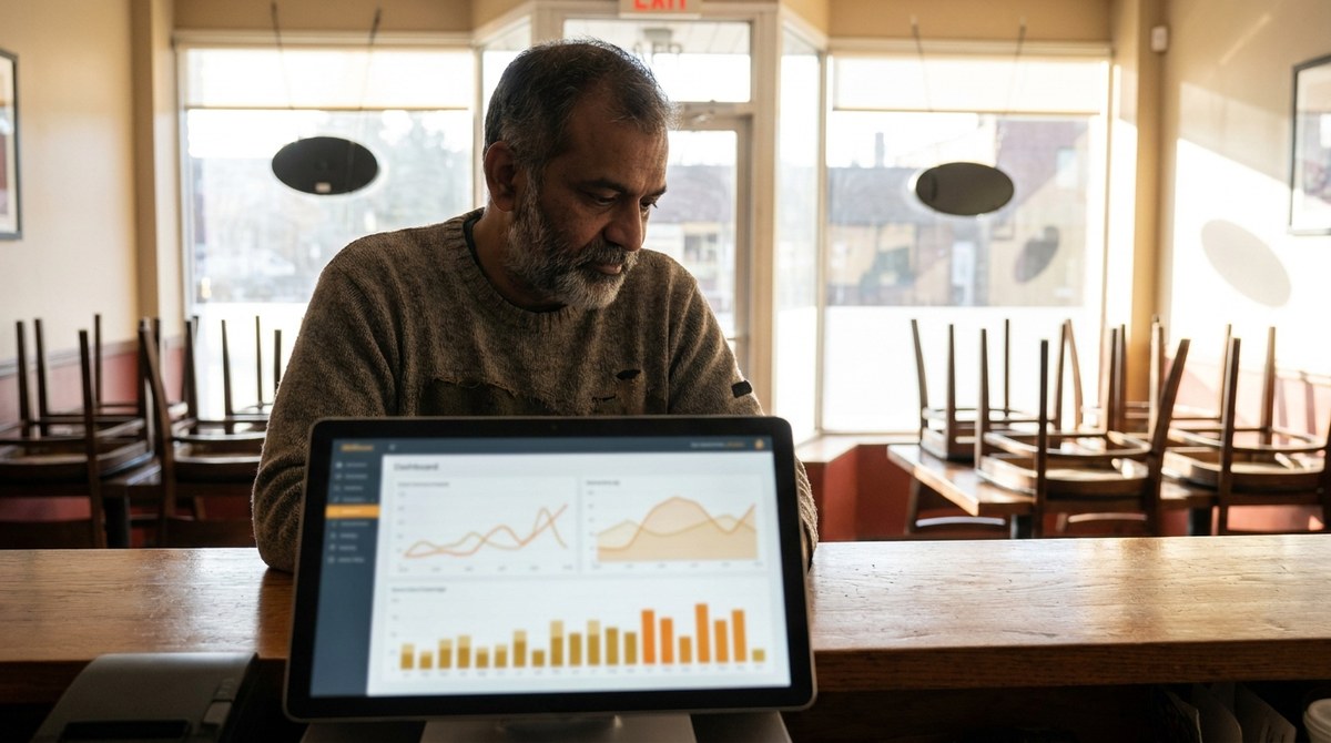 A restaurant owner reviewing the revenue dashboard on a tablet
