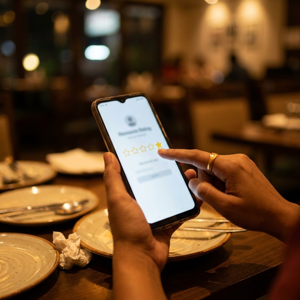 A customer tapping a 5-star rating after their meal