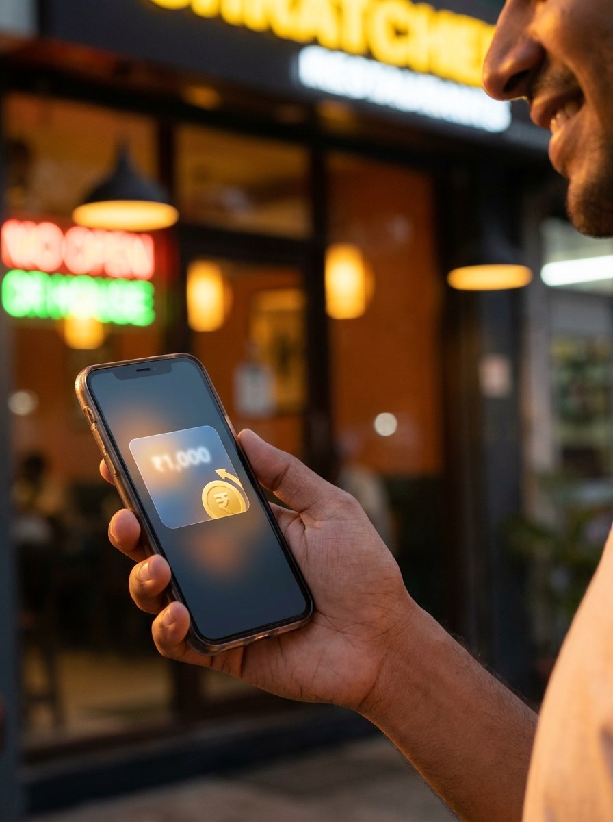 A customer checking their wallet cashback balance while leaving a restaurant