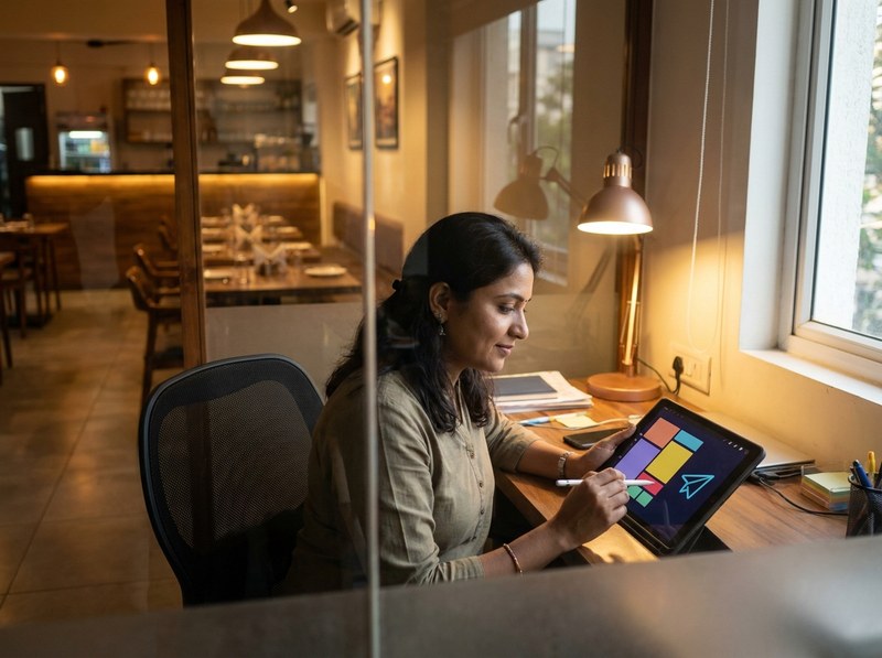 A restaurant owner putting together a marketing campaign on a tablet