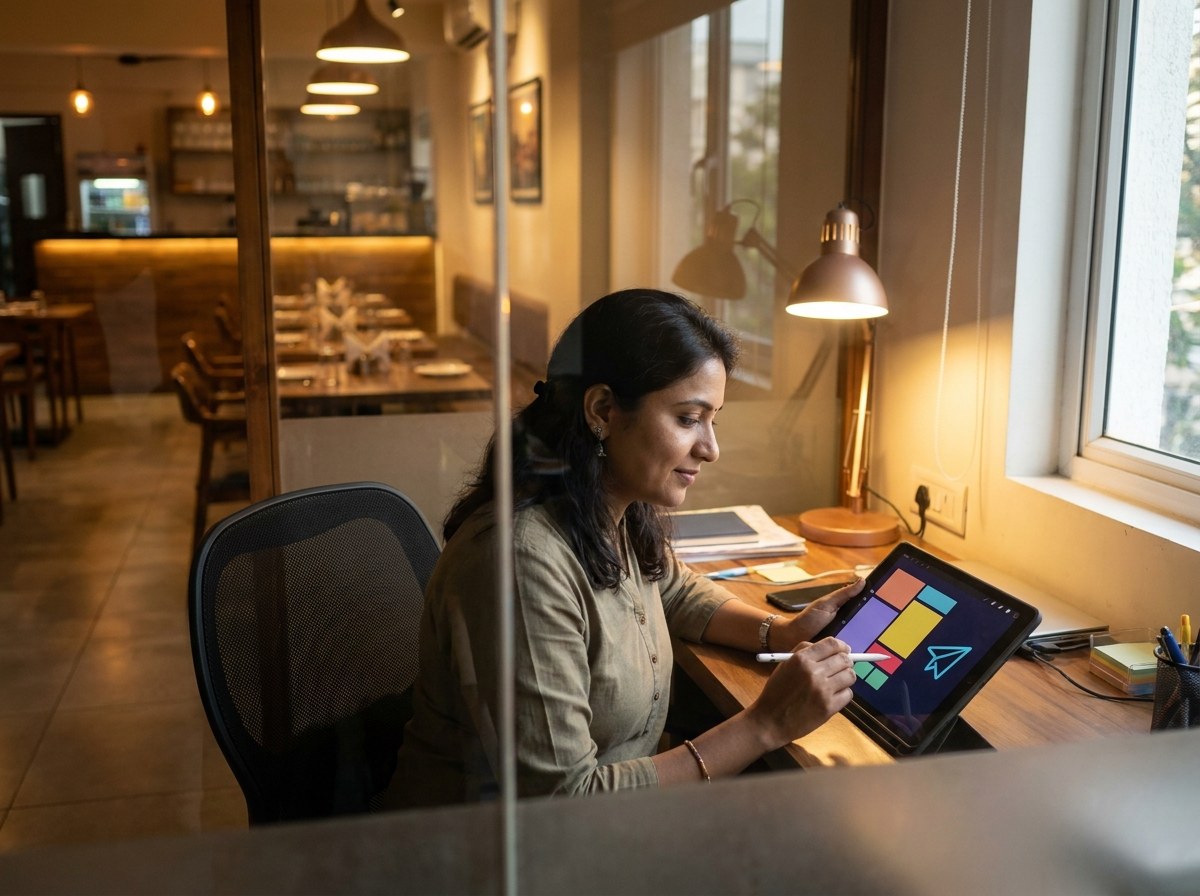 A restaurant owner putting together a marketing campaign on a tablet