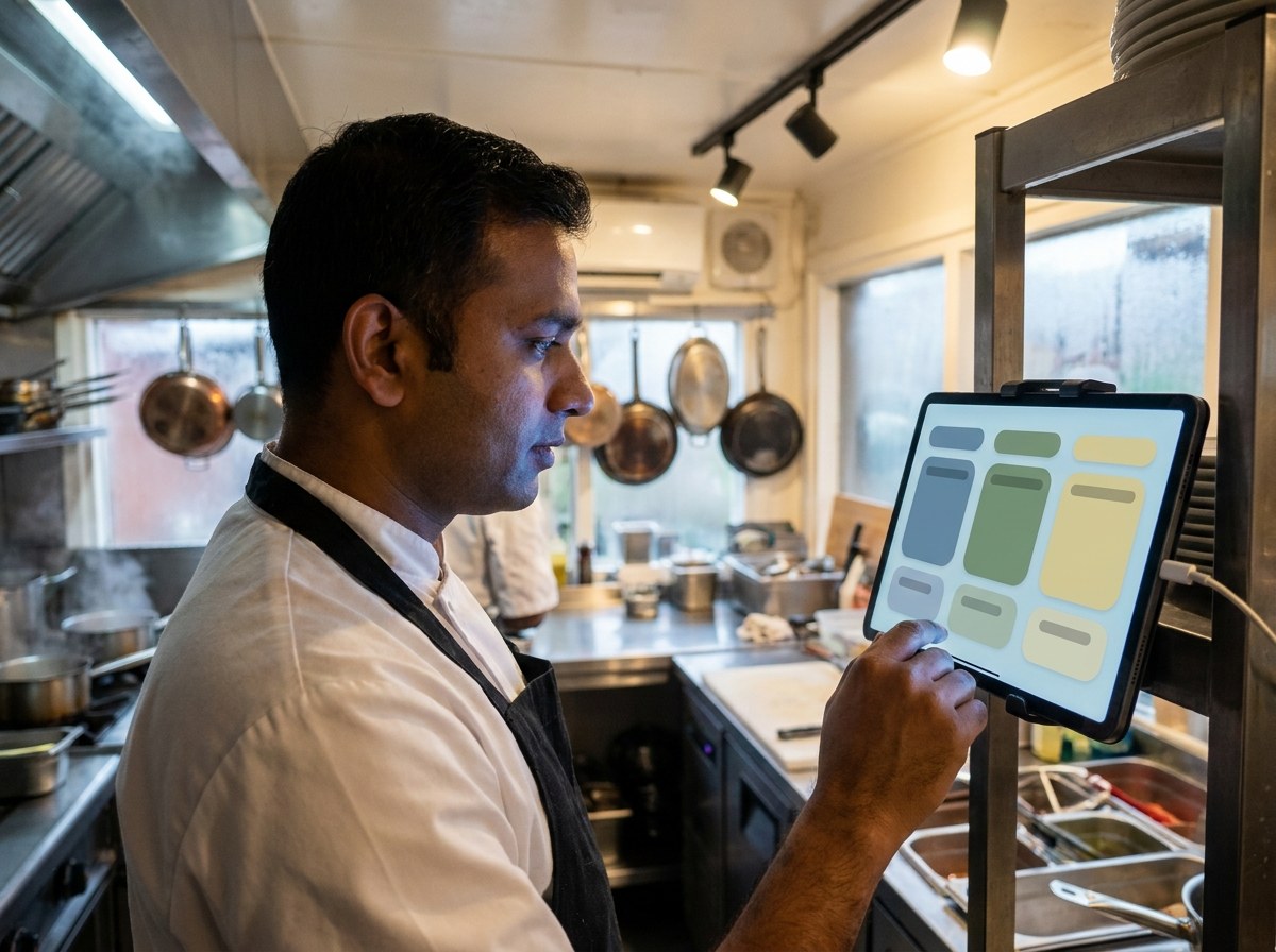 Chef checking the live kitchen order queue on a tablet