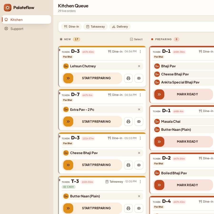 A real screenshot of the Palateflow Kitchen Display Board showing live order tokens in New and Preparing columns