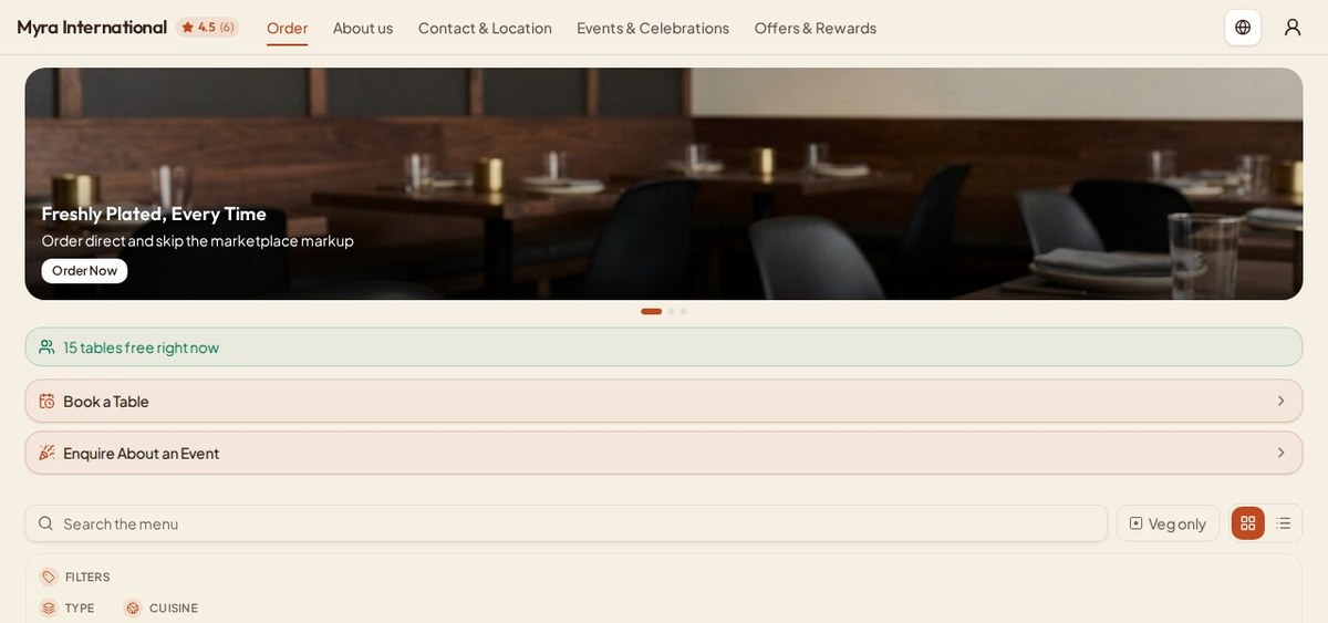 A real Palateflow-powered restaurant storefront (Myra International) with its own hero banner, branding, table booking and live menu