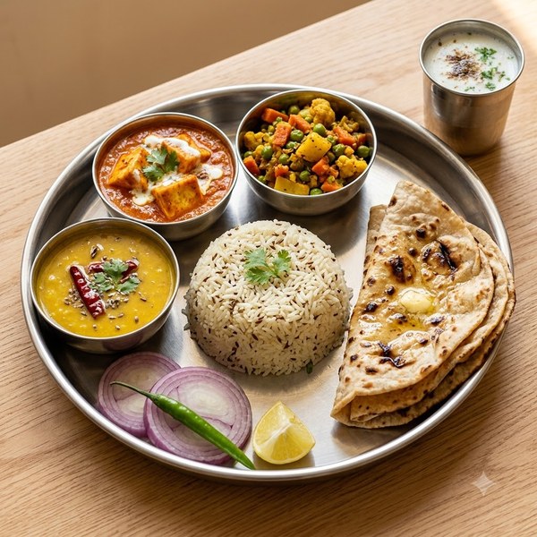 Fix Dish Thali (Paneer Sabzi, Veg Sabzi, Dal Fry, Jeera Rice, 3 Tandoori Butter Roti, Butter Milk, Onion)